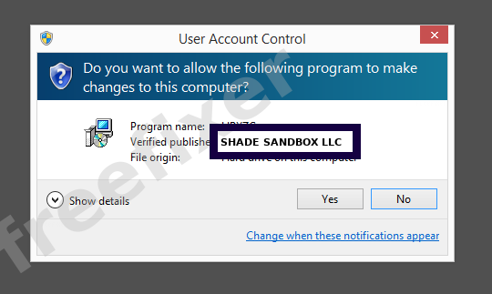 Screenshot where SHADE SANDBOX LLC appears as the verified publisher in the UAC dialog